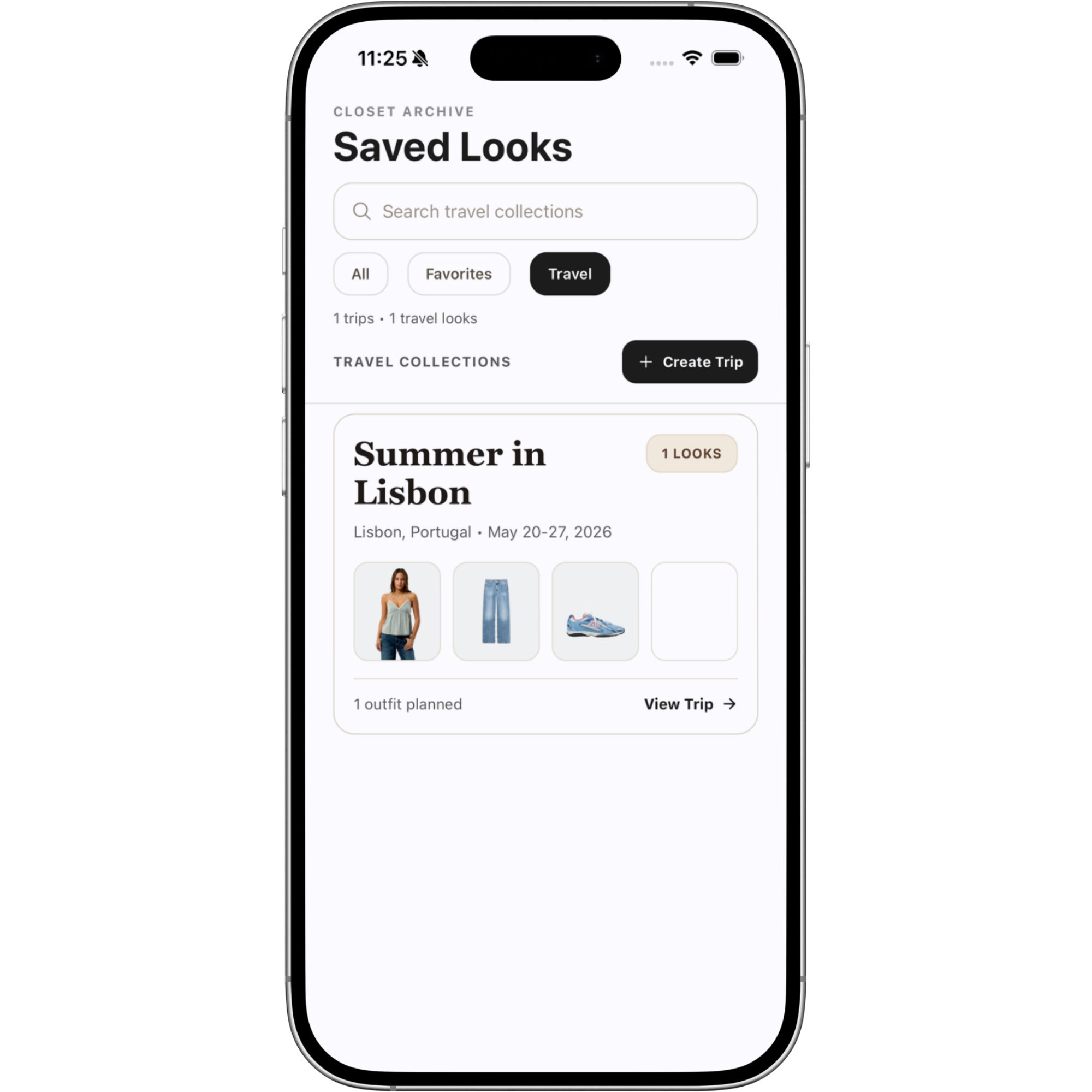 Klozu travel collections screen showing a saved trip with planned outfits.